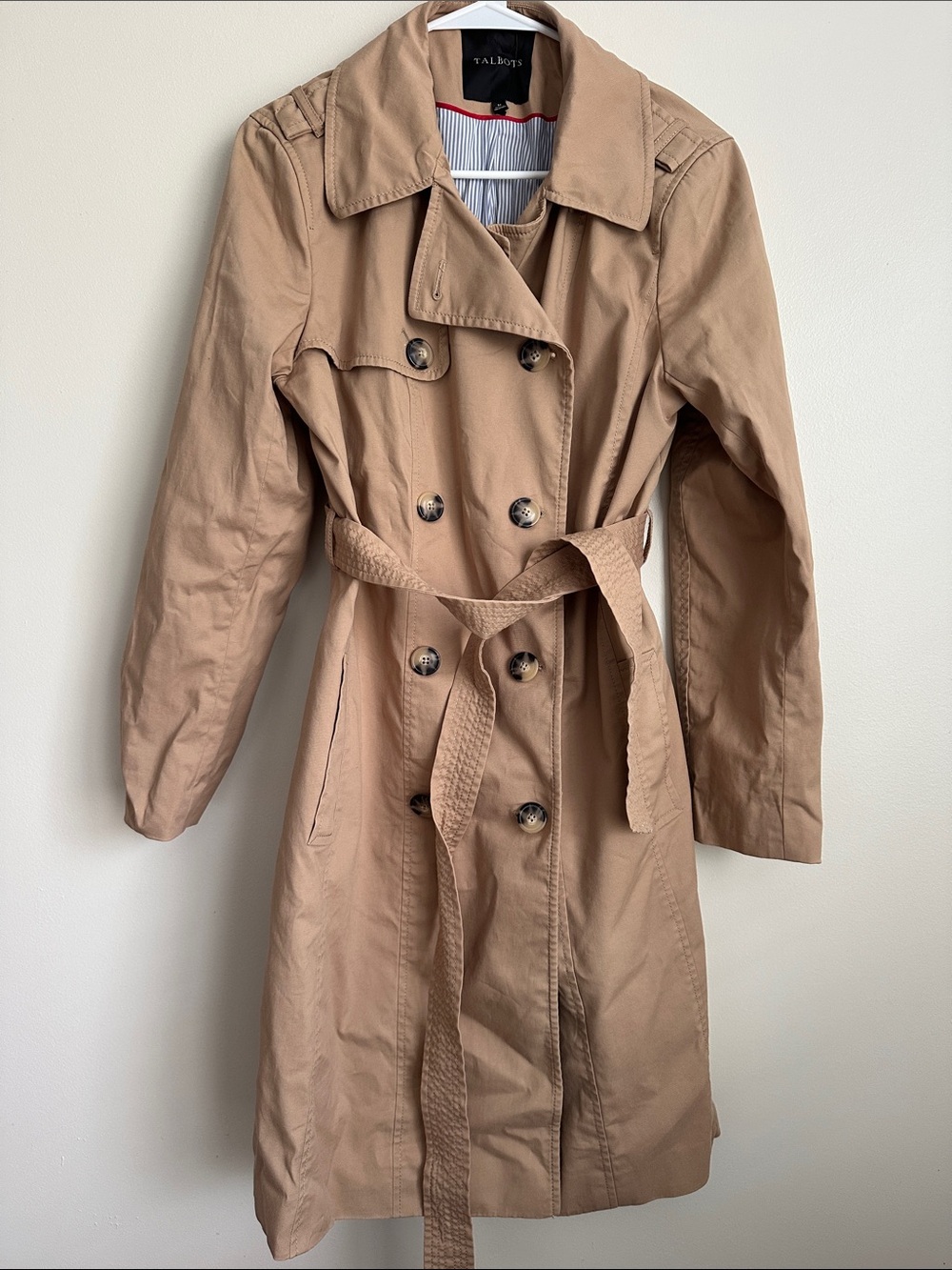 Talbots Khaki Trench Coat with Belt and Tortoiseshell Buttons